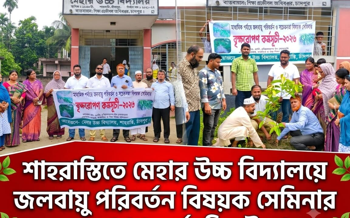 শাহরাস্তিতে মেহার উচ্চ বিদ্যালয়ে জলবায়ু পরিবর্তন বিষয়ক সেমিনার ও বৃক্ষরোপণ কর্মসূচির উদ্বোধন