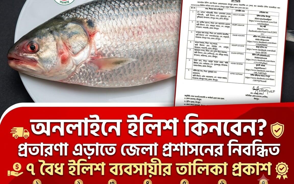 অনলাইনে ইলিশ কিনবেন? প্রতারণা এড়াতে জেলা প্রশাসনের নিবন্ধিত ৭ বৈধ ইলিশ ব্যবসায়ীর তালিকা প্রকাশ