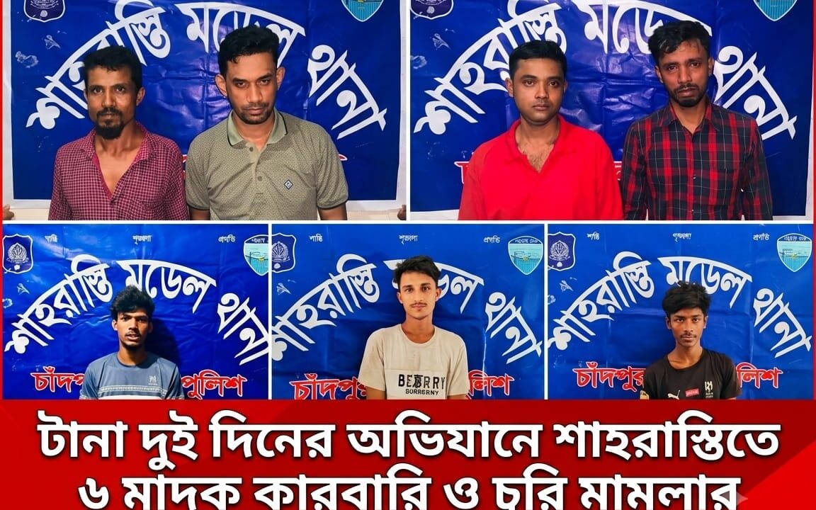টানা দুই দিনের অভিযানে শাহরাস্তিতে ৬ মাদক কারবারি ও চুরি মামলার আসামি গ্রেপ্তার, উদ্ধার ৪৮ পিস ইয়াবা
